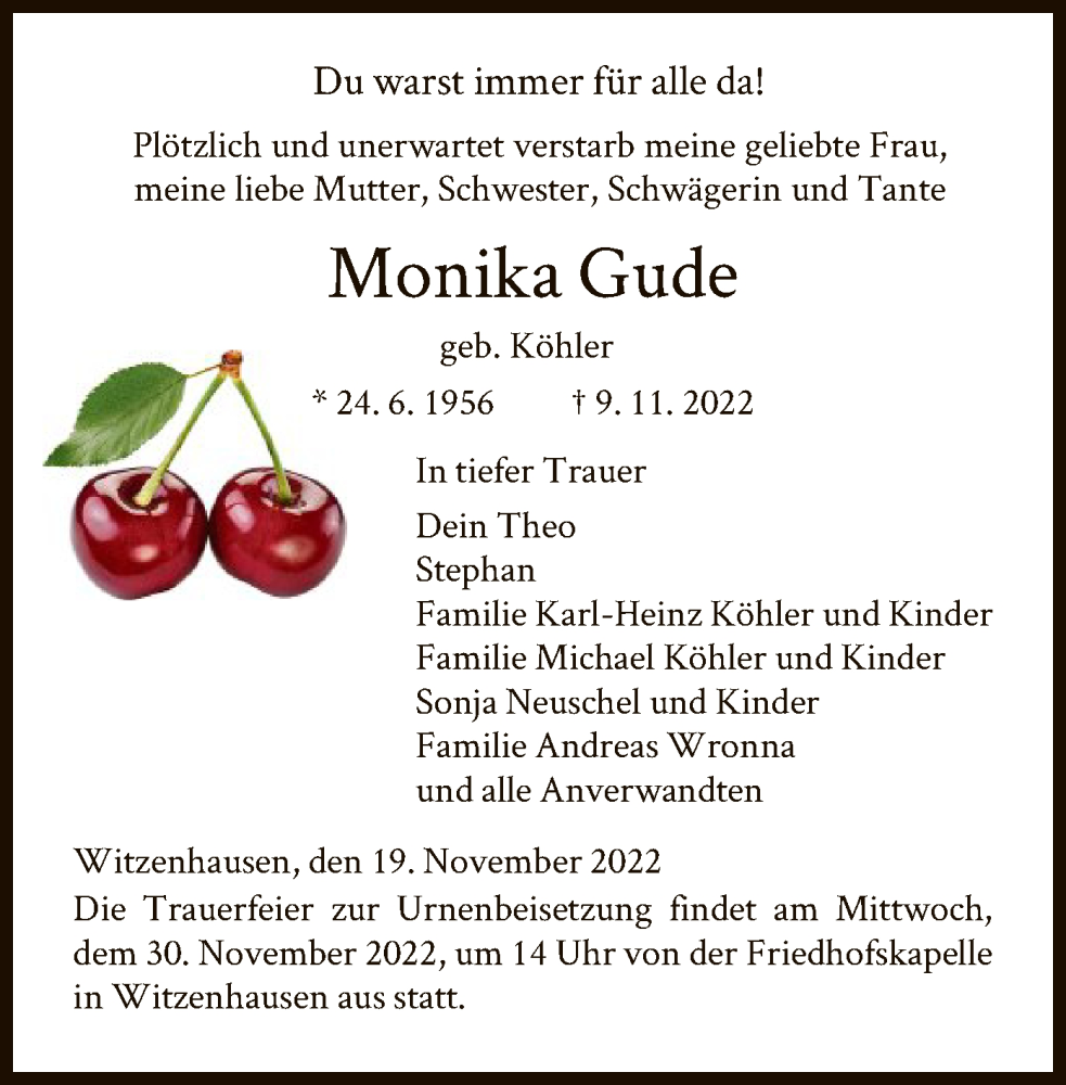  Traueranzeige für Monika Gude vom 19.11.2022 aus HNA