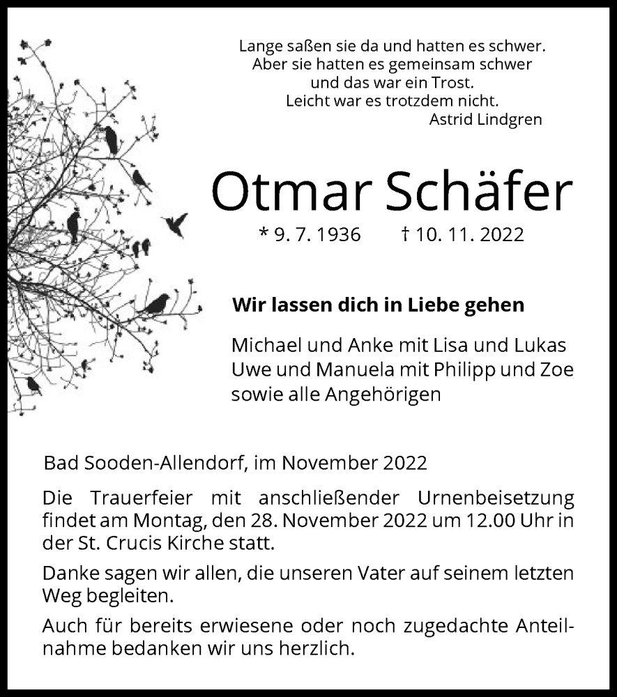  Traueranzeige für Otmar Schäfer vom 25.11.2022 aus HNA