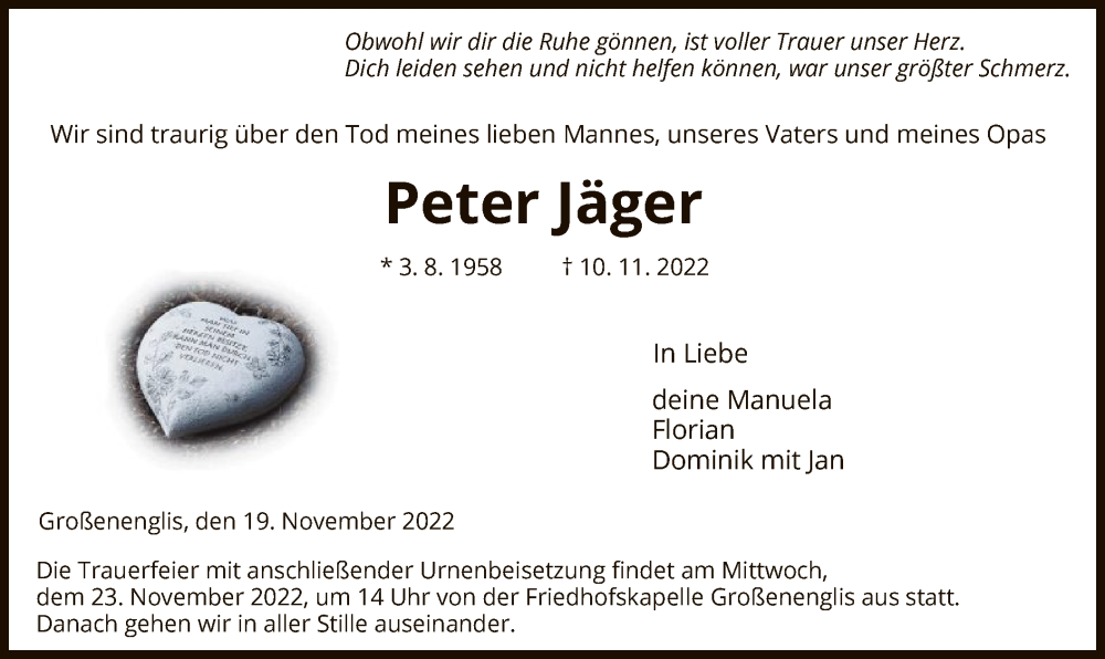  Traueranzeige für Peter Jäger vom 19.11.2022 aus HNA