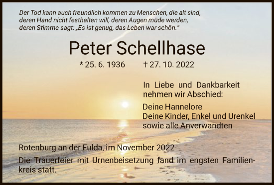 Traueranzeige von Peter Schellhase von HNA