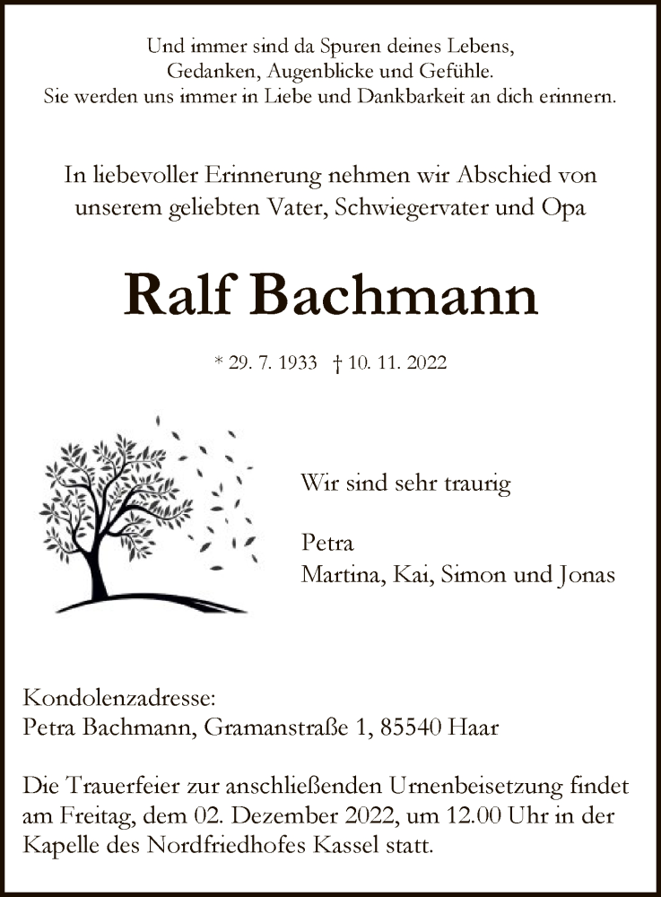  Traueranzeige für Ralf Bachmann vom 26.11.2022 aus HNA