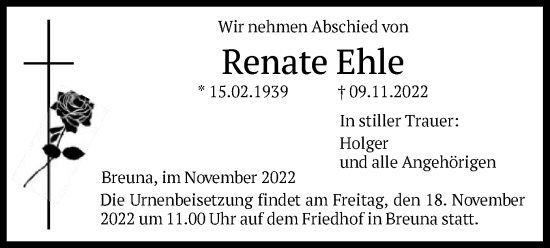 Traueranzeige von Renate Ehle von HNA