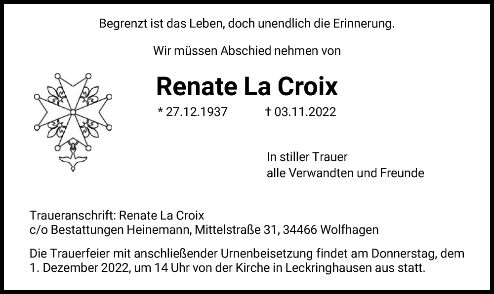  Traueranzeige für Renate La Croix vom 30.11.2022 aus HNA