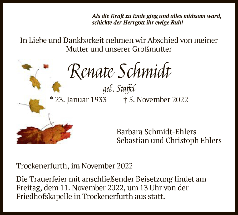  Traueranzeige für Renate Schmidt vom 09.11.2022 aus HNA