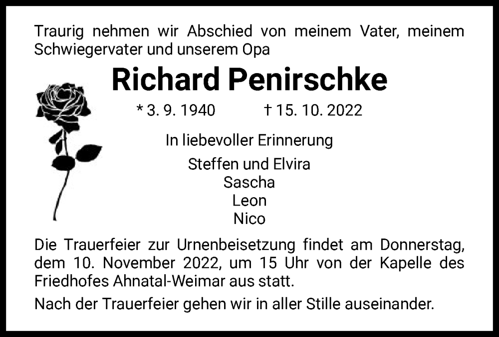  Traueranzeige für Richard Penirschke vom 05.11.2022 aus HNA
