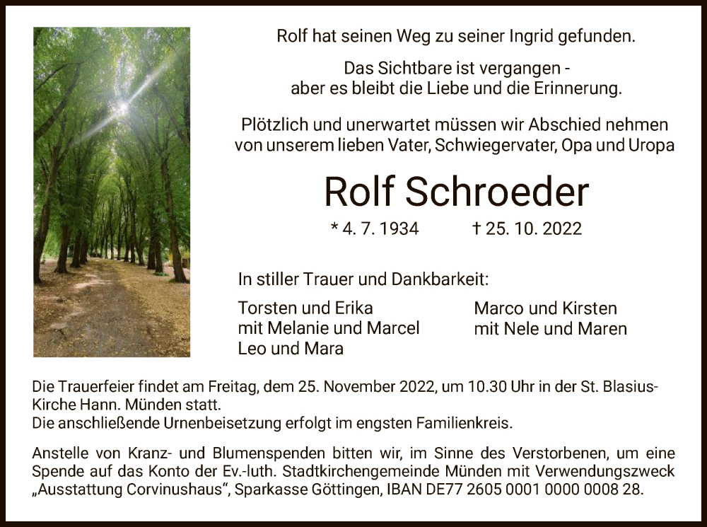  Traueranzeige für Rolf Schroeder vom 19.11.2022 aus HNA