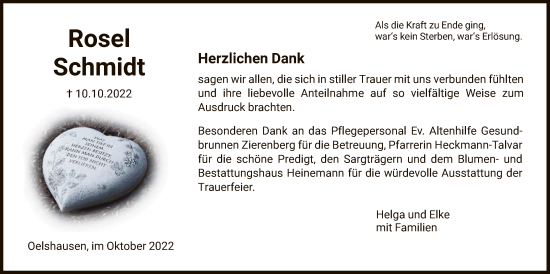 Traueranzeige von Rosel Schmidt von HNA