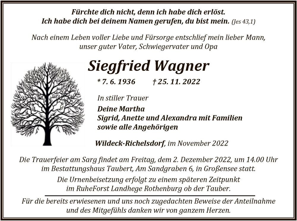  Traueranzeige für Siegfried Wagner vom 30.11.2022 aus HNA