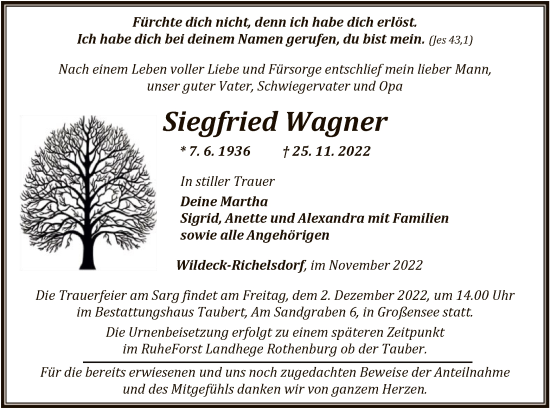 Traueranzeige von Siegfried Wagner von HNA