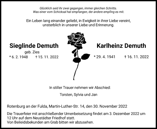 Traueranzeige von Sieglinde und Karlheinz Demuth von HNA