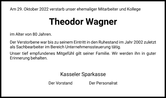 Traueranzeige von Theodor Wagner von HNA