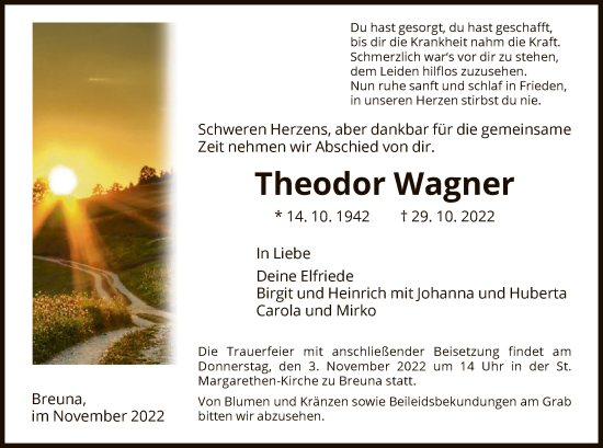 Traueranzeige von Theodor Wagner von HNA