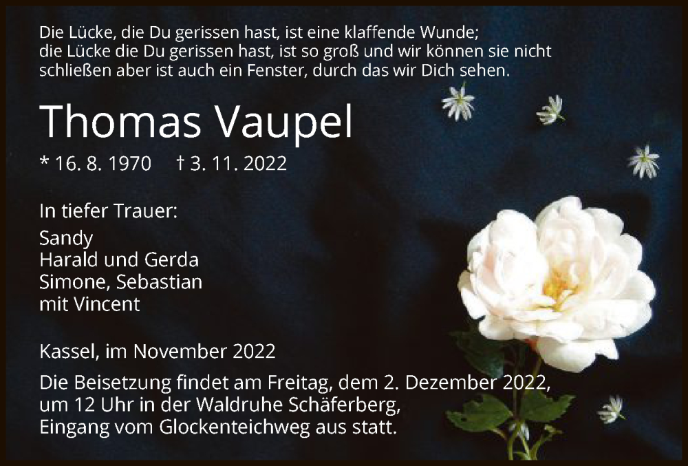  Traueranzeige für Thomas Vaupel vom 26.11.2022 aus HNA