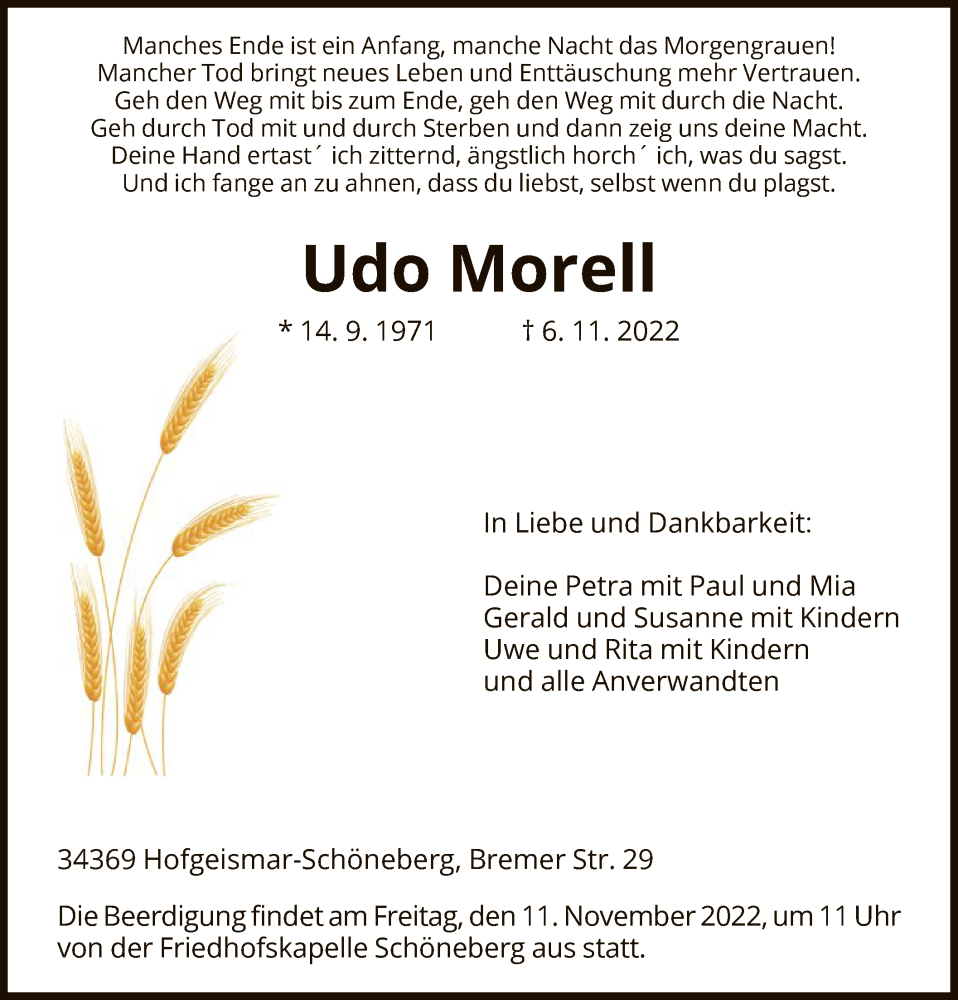  Traueranzeige für Udo Morell vom 09.11.2022 aus HNA