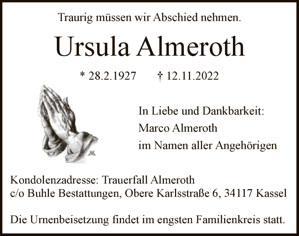  Traueranzeige für Ursula Almeroth vom 19.11.2022 aus HNA