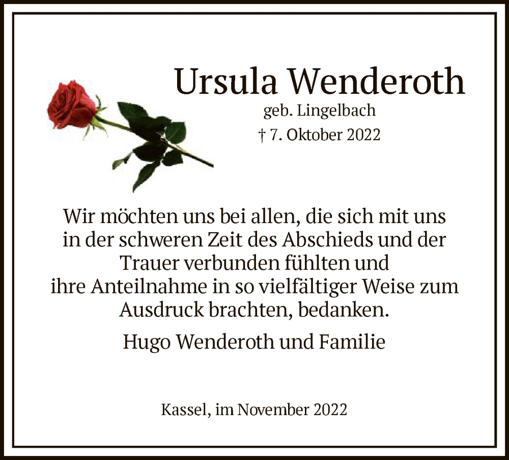 Traueranzeige für Ursula Wenderoth vom 19.11.2022 aus HNA
