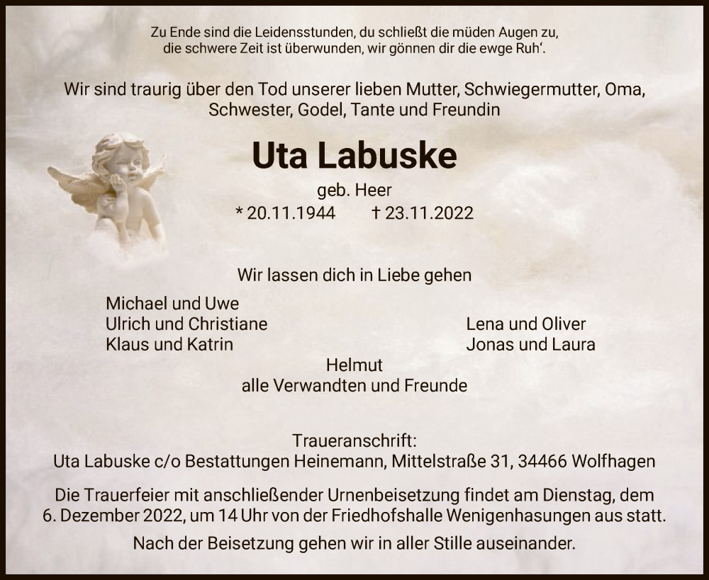  Traueranzeige für Uta Labuske vom 26.11.2022 aus HNA
