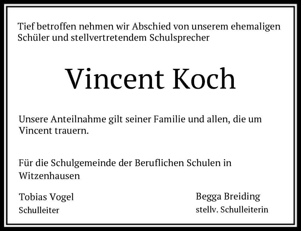  Traueranzeige für Vincent Koch vom 02.11.2022 aus HNA