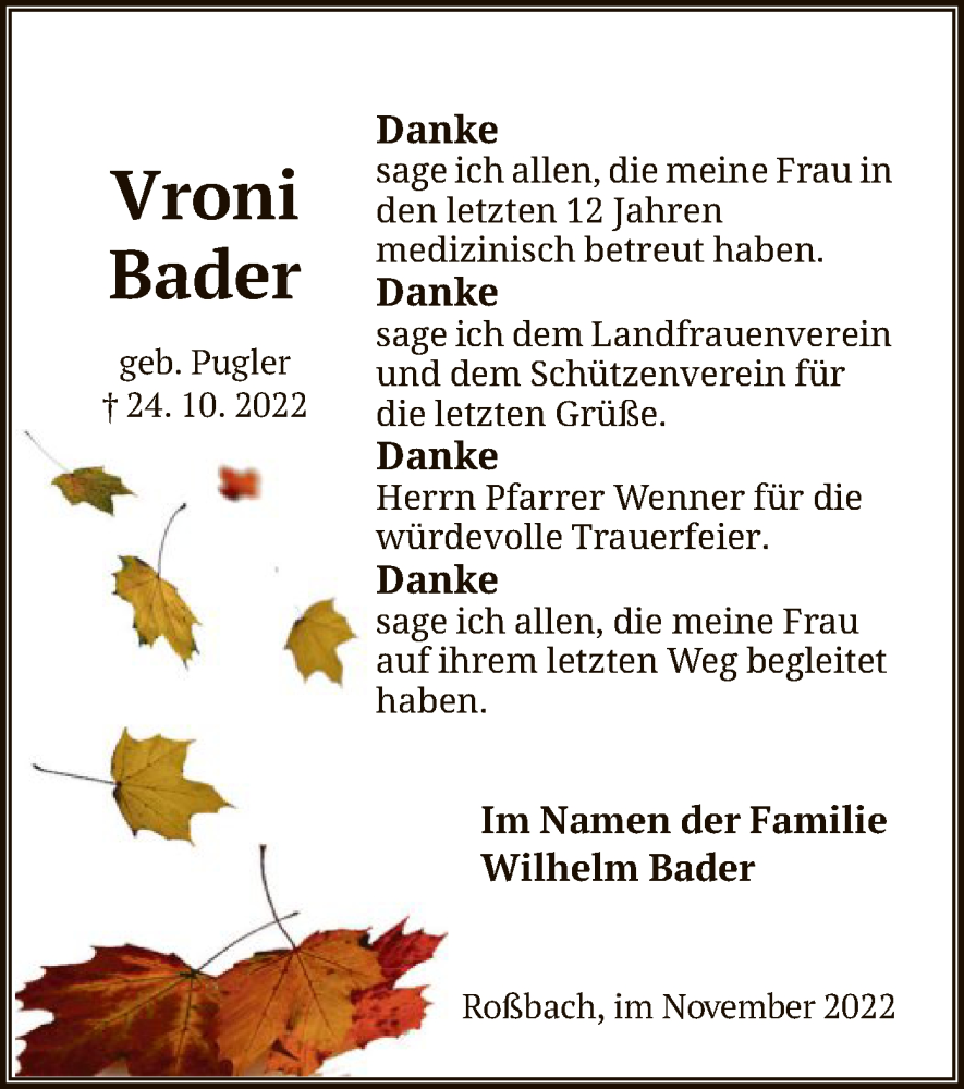  Traueranzeige für Vroni Bader vom 12.11.2022 aus HNA