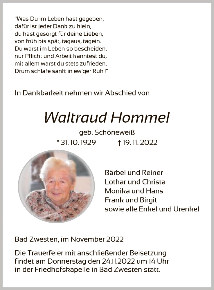  Traueranzeige für Waltraud Hommel vom 22.11.2022 aus HNA
