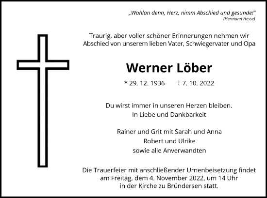 Traueranzeige von Werner Löber von HNA