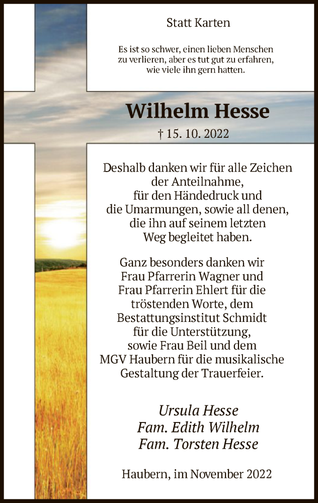  Traueranzeige für Wilhelm Hesse vom 05.11.2022 aus HNA