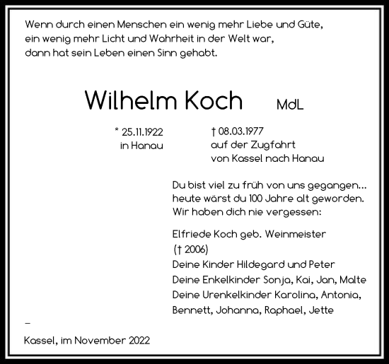 Traueranzeige von Wilhelm Koch von HNA