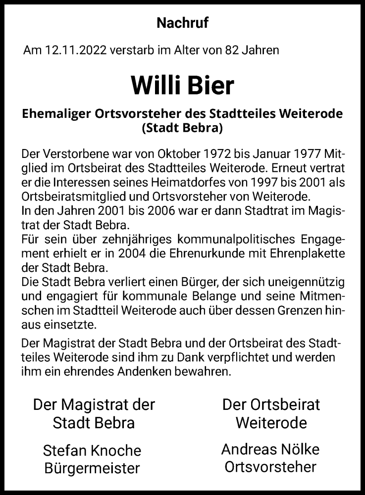  Traueranzeige für Willi Bier vom 23.11.2022 aus HNA