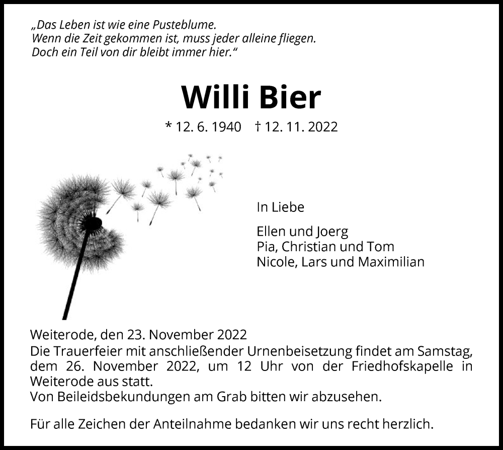  Traueranzeige für Willi Bier vom 23.11.2022 aus HNA