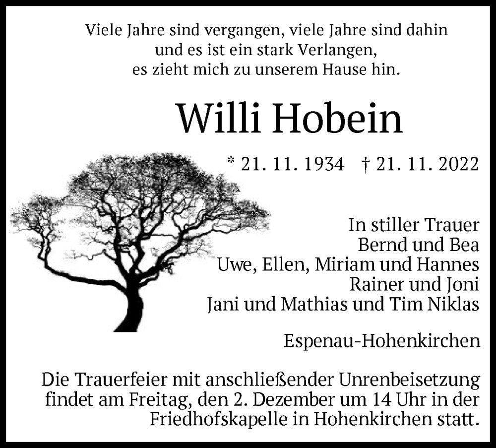  Traueranzeige für Willi Hobein vom 26.11.2022 aus HNA
