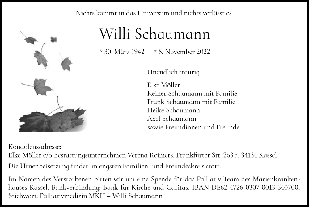  Traueranzeige für Willi Schaumann vom 19.11.2022 aus HNA