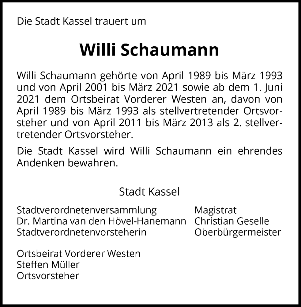  Traueranzeige für Willi Schaumann vom 24.11.2022 aus HNA