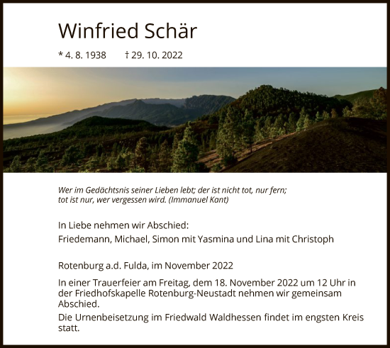 Traueranzeige von Winfried Schär von HNA