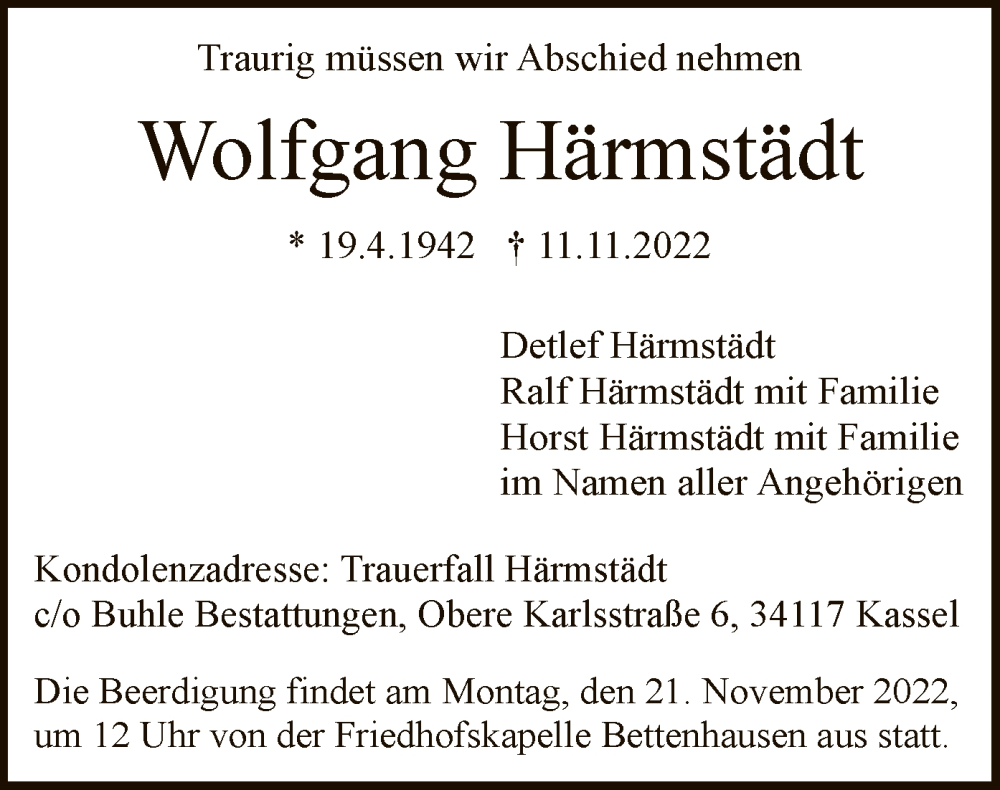  Traueranzeige für Wolfgang Härmstädt vom 18.11.2022 aus HNA
