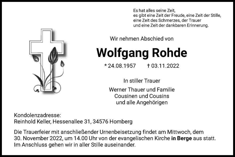  Traueranzeige für Wolfgang Rohde vom 25.11.2022 aus HNA