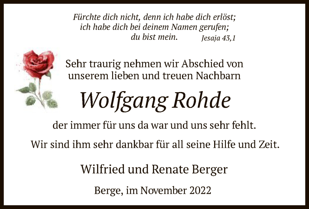  Traueranzeige für Wolfgang Rohde vom 30.11.2022 aus HNA