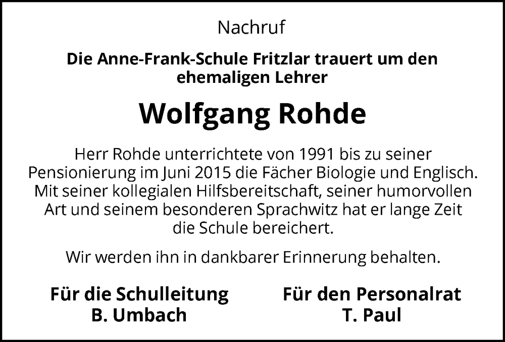  Traueranzeige für Wolfgang Rohde vom 26.11.2022 aus HNA