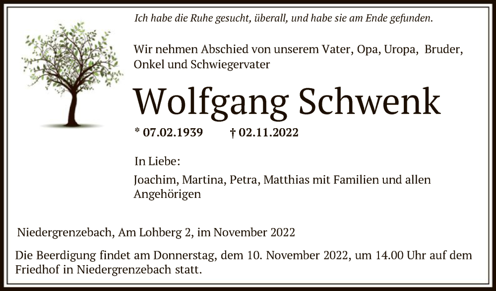  Traueranzeige für Wolfgang Schwenk vom 05.11.2022 aus HNA
