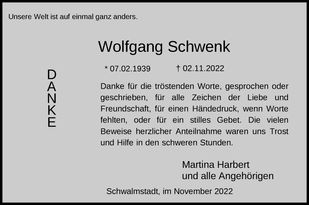  Traueranzeige für Wolfgang Schwenk vom 25.11.2022 aus HNA