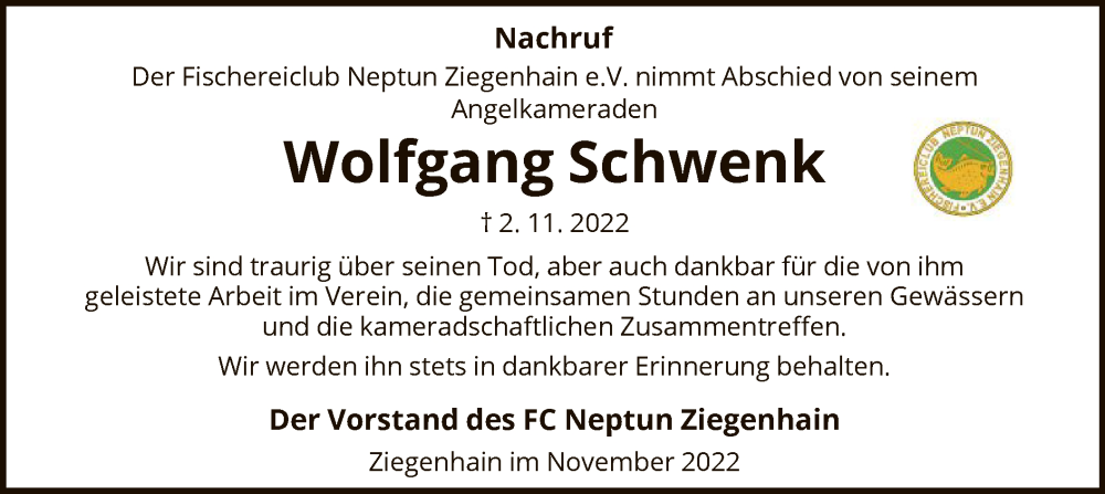  Traueranzeige für Wolfgang Schwenk vom 10.11.2022 aus HNA