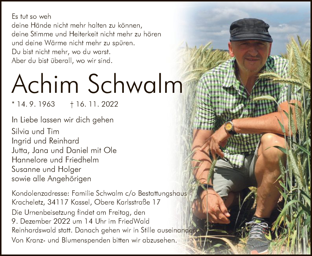  Traueranzeige für Achim Schwalm vom 03.12.2022 aus HNA