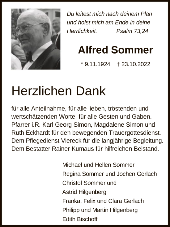 Traueranzeige von Alfred Sommer von HNA