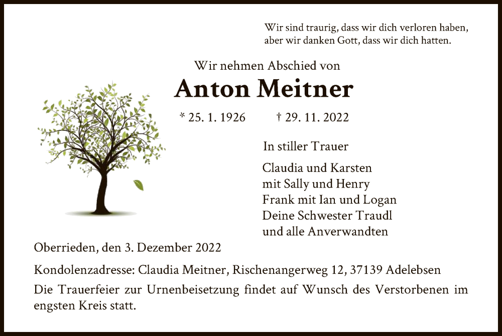  Traueranzeige für Anton Meitner vom 03.12.2022 aus HNA