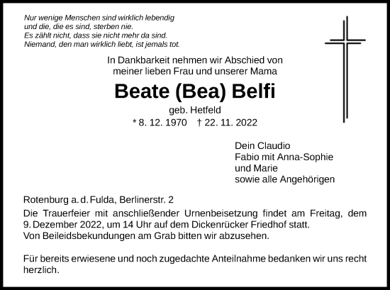 Traueranzeige von Beate Belfi von HNA