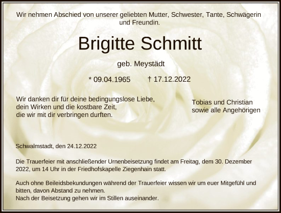 Traueranzeige von Brigitte Schmitt von HNA