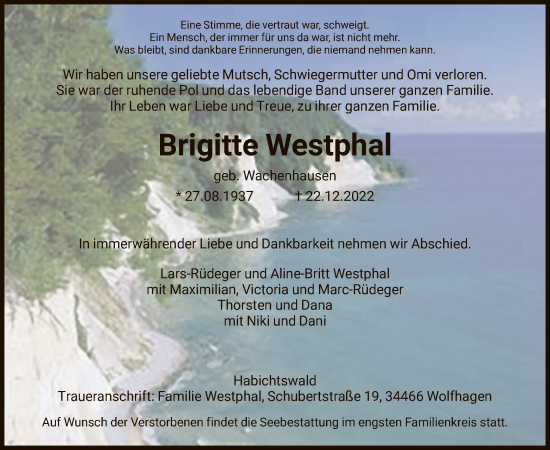 Traueranzeige von Brigitte Westphal von HNA