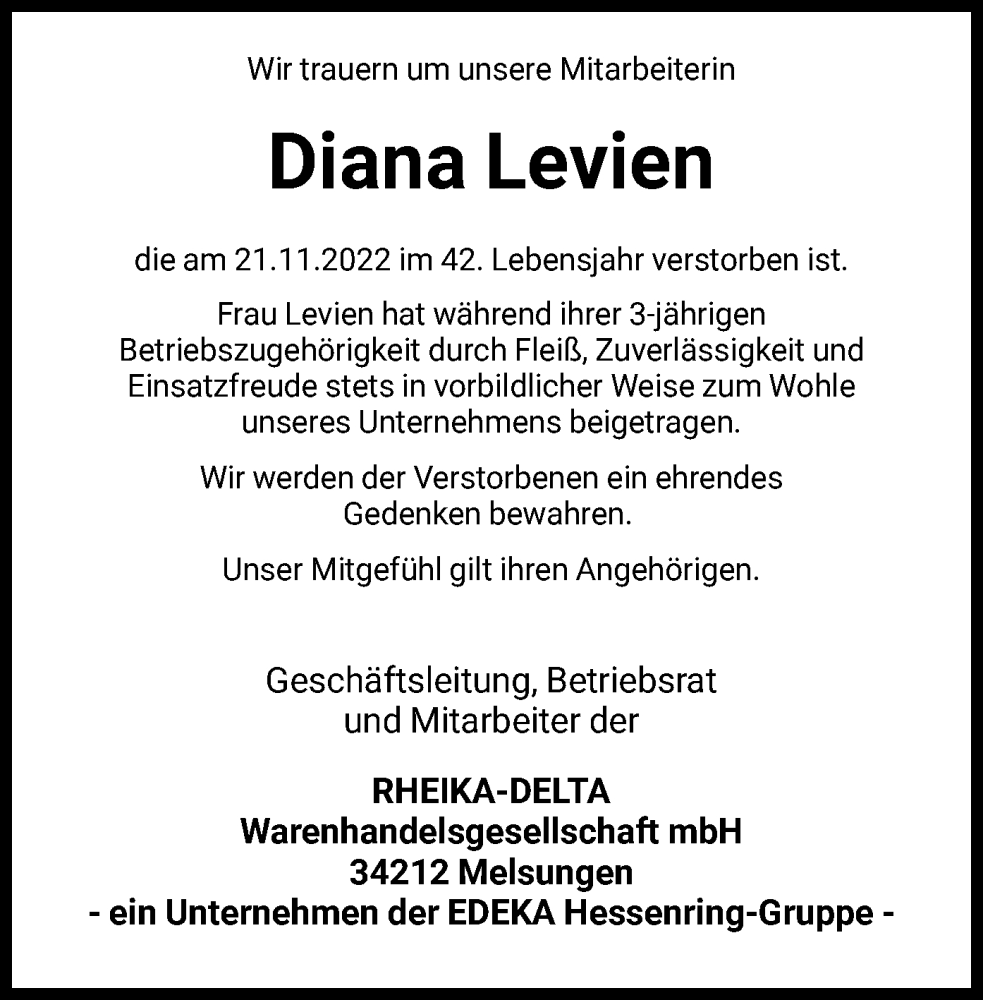  Traueranzeige für Diana Levien vom 03.12.2022 aus HNA