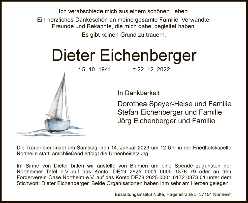  Traueranzeige für Dieter Eichenberger vom 31.12.2022 aus HNA