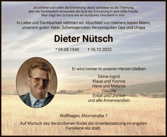 Traueranzeige von Dieter Nütsch von HNA