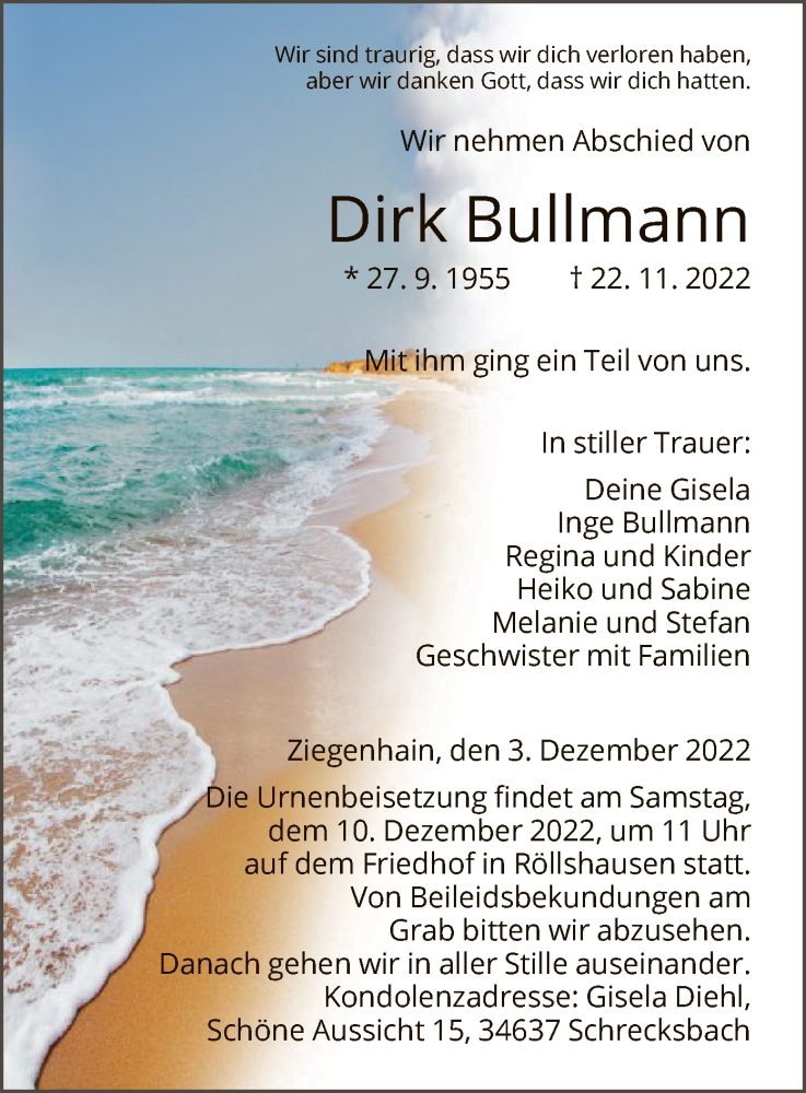 Traueranzeige für Dirk Bullmann vom 03.12.2022 aus HNA